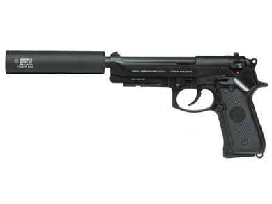 Socom Gear Full Metal SOF M9 Gas Blow Back with Gemtech Trinity Barrel Extension in Black SCG M9 SOF BLK