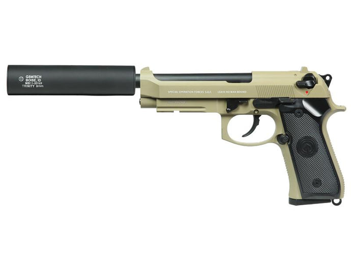 Socom Gear Full Metal SOF M9 GBB with Gemtech Trinity Barrel Extension in Tan SCG M9 SOF TAN